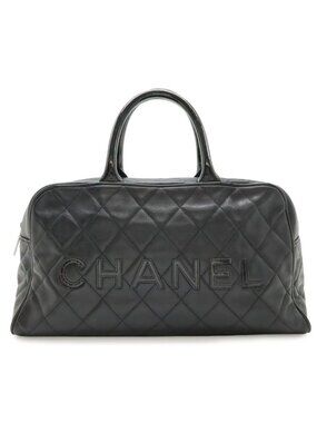 Chanel Quilted Logo Mini Boston Bag Caviar Leather Enamel Black